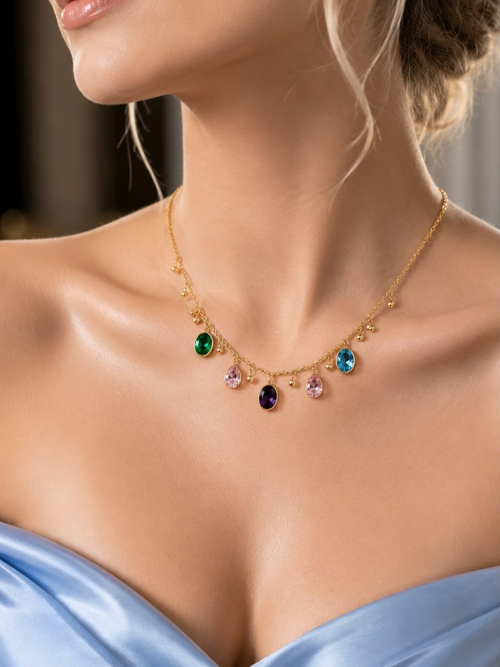 Gold Multi-Gemstone Pendant Necklace - Elegant Women’s Jewelry